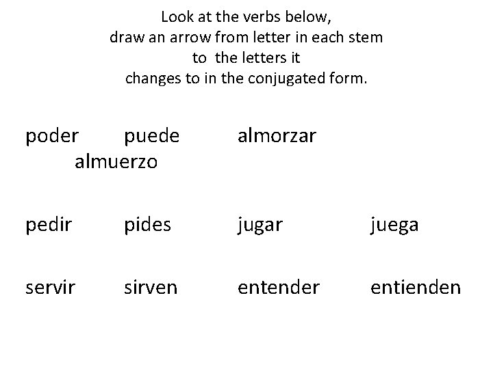 Look at the verbs below, draw an arrow from letter in each stem to