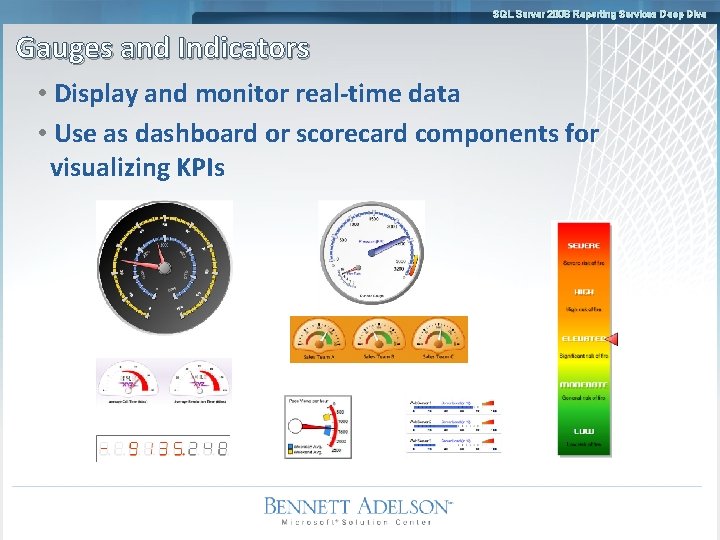 SQL Server 2008 Reporting Services Deep Dive Gauges and Indicators • Display and monitor