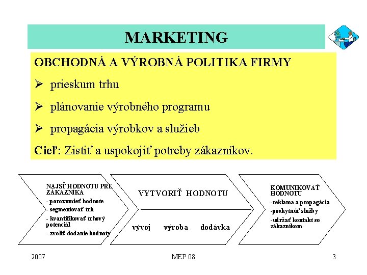 MARKETING OBCHODNÁ A VÝROBNÁ POLITIKA FIRMY Ø prieskum trhu Ø plánovanie výrobného programu Ø