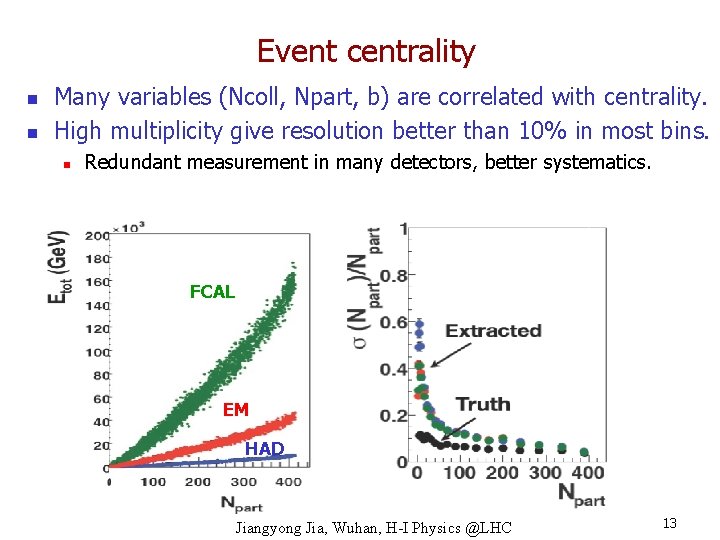 Event centrality n n Many variables (Ncoll, Npart, b) are correlated with centrality. High