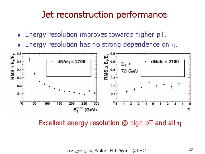 Jet reconstruction performance n n Energy resolution improves towards higher p. T. Energy resolution
