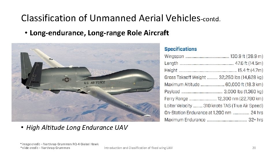 Classification of Unmanned Aerial Vehicles-contd. • Long-endurance, Long-range Role Aircraft • High Altitude Long