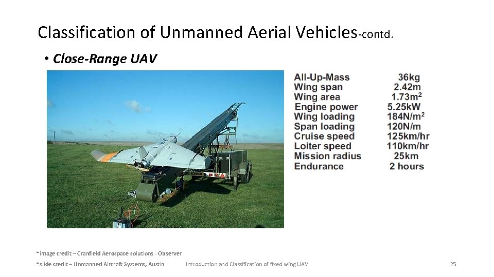Classification of Unmanned Aerial Vehicles-contd. • Close-Range UAV *image credit – Cranfield Aerospace solutions