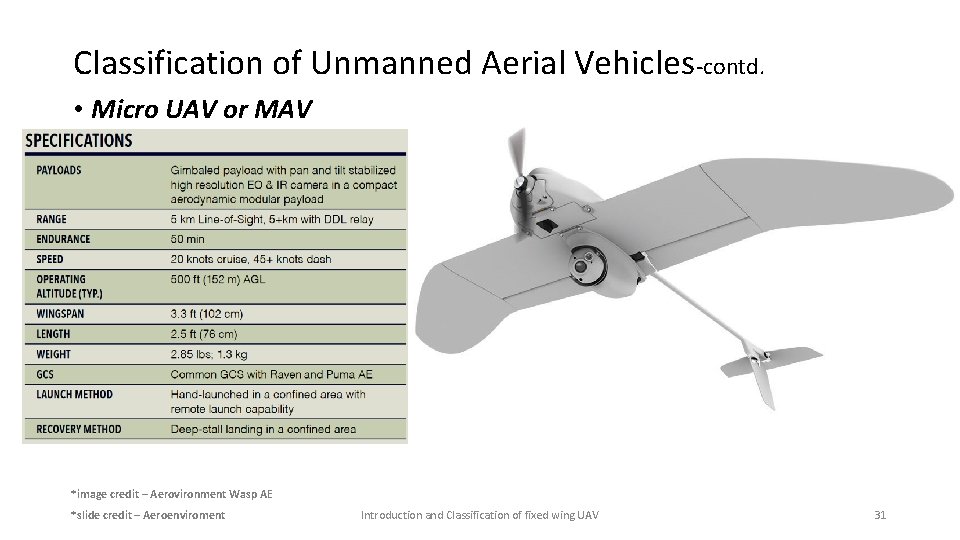 Classification of Unmanned Aerial Vehicles-contd. • Micro UAV or MAV *image credit – Aerovironment