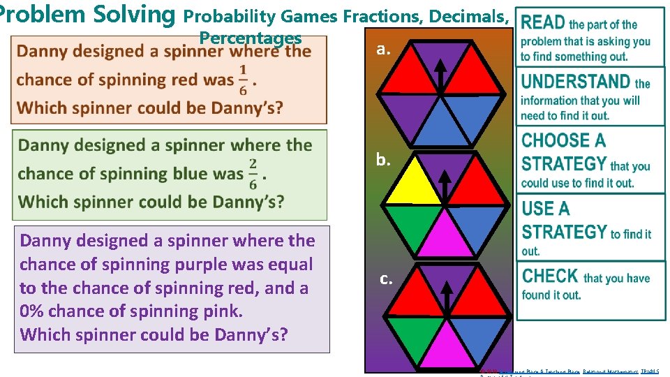 Problem Solving Probability Games Fractions, Decimals, Percentages a. Danny designed a spinner where the