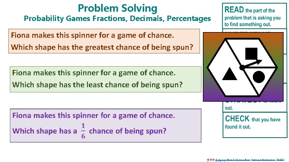 Problem Solving Probability Games Fractions, Decimals, Percentages Fiona makes this spinner for a game