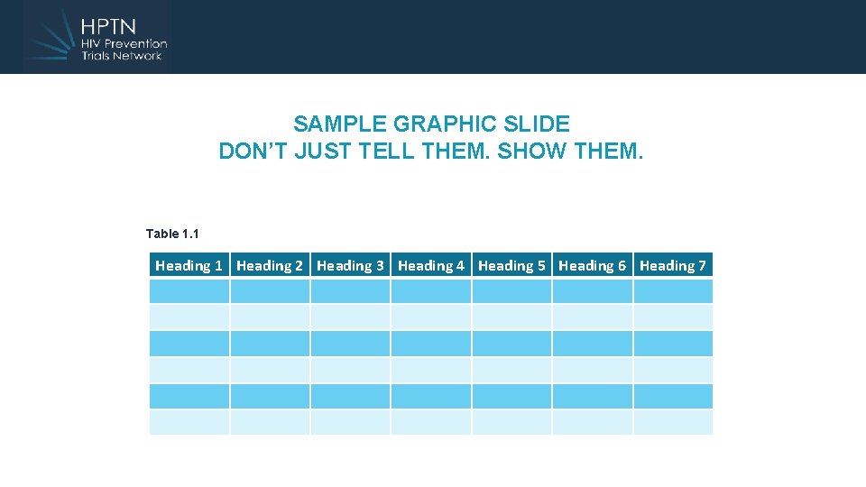 SAMPLE GRAPHIC SLIDE DON’T JUST TELL THEM. SHOW THEM. Table 1. 1 Heading 2