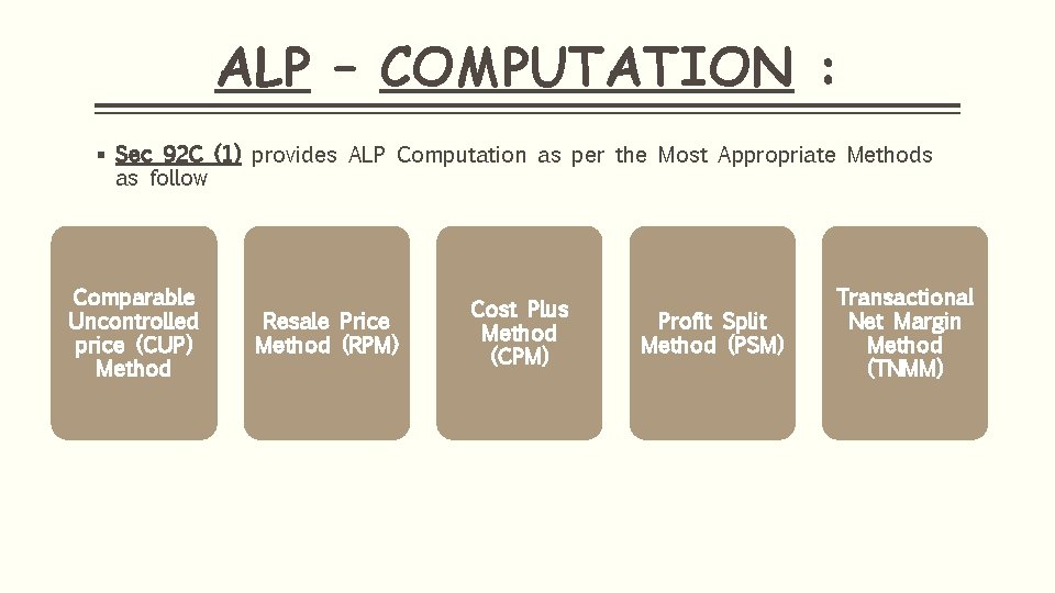 ALP – COMPUTATION : § Sec 92 C (1) provides ALP Computation as per