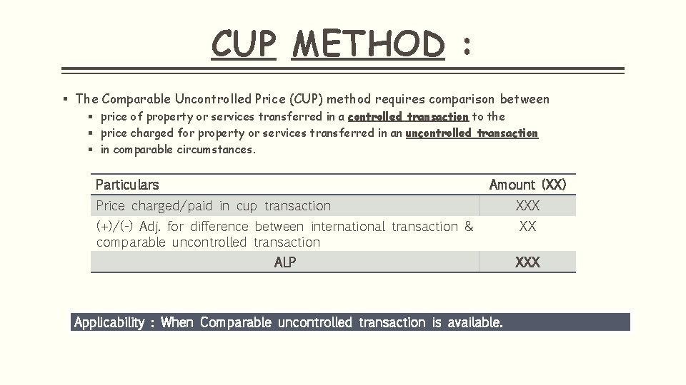 CUP METHOD : § The Comparable Uncontrolled Price (CUP) method requires comparison between §