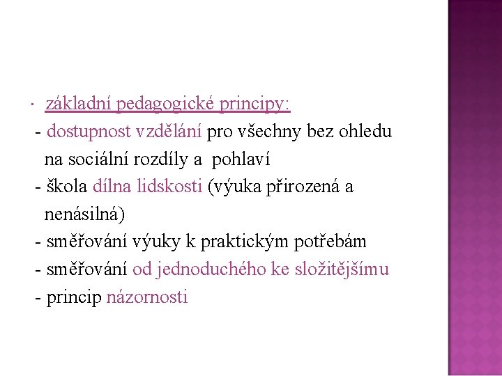 základní pedagogické principy: - dostupnost vzdělání pro všechny bez ohledu na sociální rozdíly a