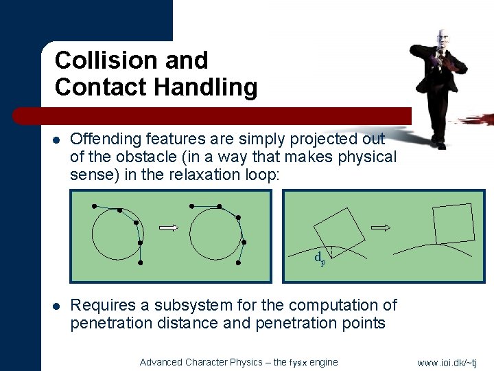 Collision and Contact Handling l Offending features are simply projected out of the obstacle