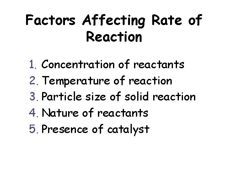Factors Affecting Rate of Reaction 1. Concentration of reactants 2. Temperature of reaction 3.