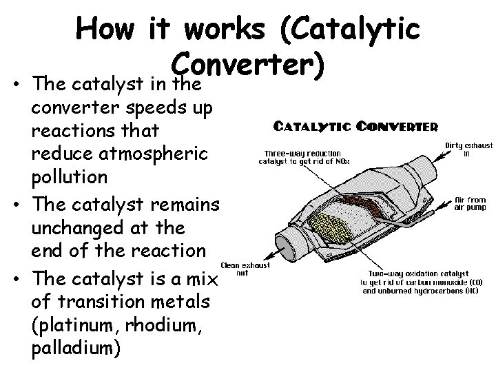 How it works (Catalytic Converter) • The catalyst in the converter speeds up reactions