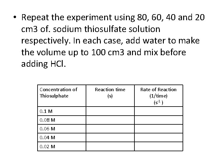 • Repeat the experiment using 80, 60, 40 and 20 cm 3 of.