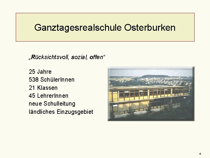Ganztagesrealschule Osterburken „Rücksichtsvoll, sozial, offen“ 25 Jahre 538 Schüler. Innen 21 Klassen 45 Lehrer.