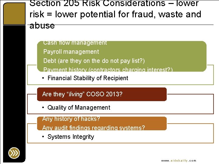Section 205 Risk Considerations – lower risk = lower potential for fraud, waste and