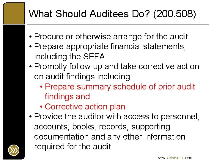 What Should Auditees Do? (200. 508) • Procure or otherwise arrange for the audit