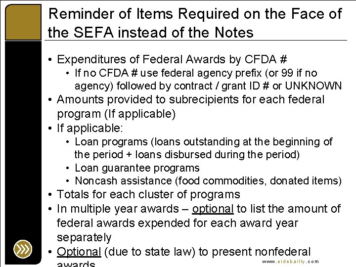 Reminder of Items Required on the Face of the SEFA instead of the Notes