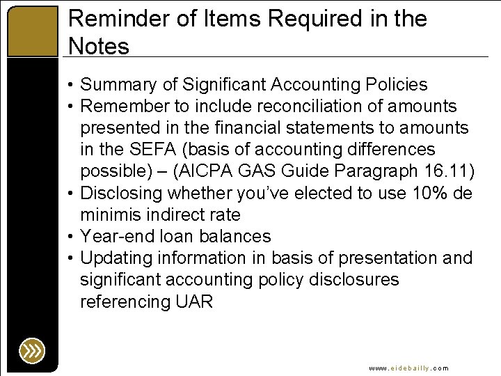 Reminder of Items Required in the Notes • Summary of Significant Accounting Policies •