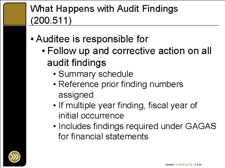 What Happens with Audit Findings (200. 511) • Auditee is responsible for • Follow