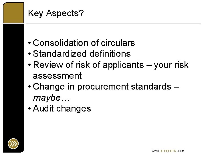 Key Aspects? • Consolidation of circulars • Standardized definitions • Review of risk of