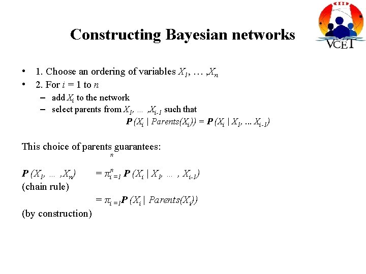 Constructing Bayesian networks • 1. Choose an ordering of variables X 1, … ,