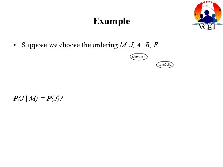 Example • Suppose we choose the ordering M, J, A, B, E P(J |