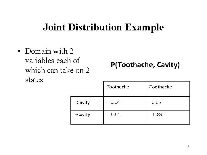 Joint Distribution Example • Domain with 2 variables each of which can take on