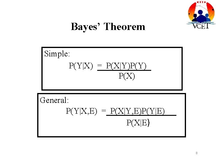 Bayes’ Theorem Simple: P(Y|X) = P(X|Y)P(Y) P(X) General: P(Y|X, E) = P(X|Y, E)P(Y|E) P(X|E)