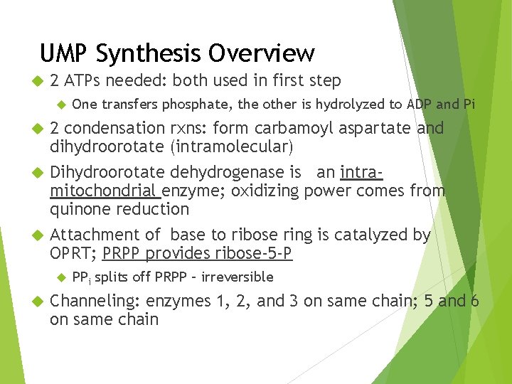 UMP Synthesis Overview 2 ATPs needed: both used in first step One transfers phosphate,