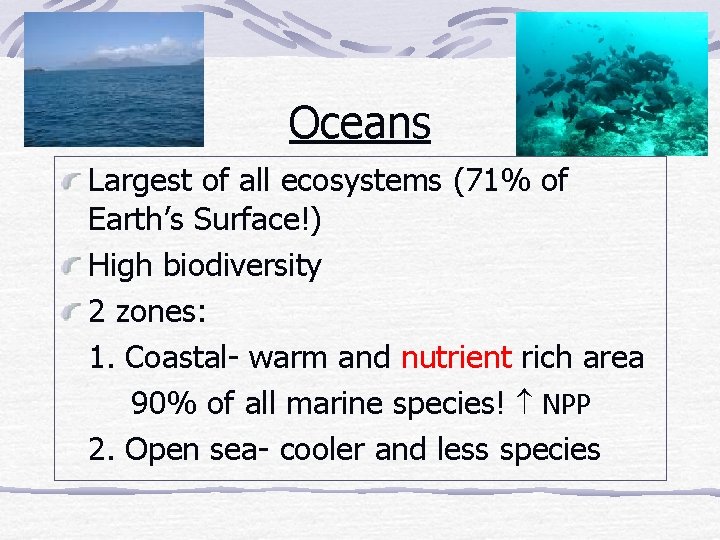 Oceans Largest of all ecosystems (71% of Earth’s Surface!) High biodiversity 2 zones: 1.