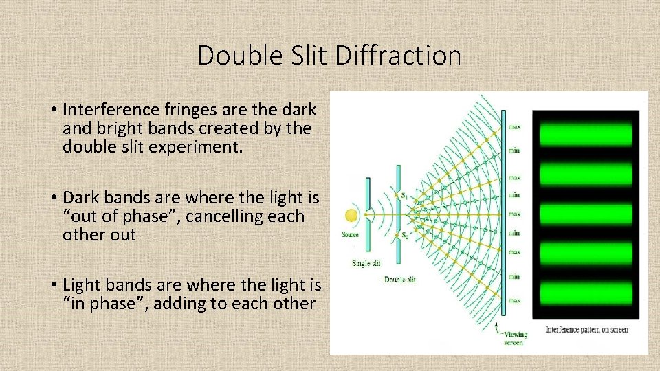 Double Slit Diffraction • Interference fringes are the dark and bright bands created by