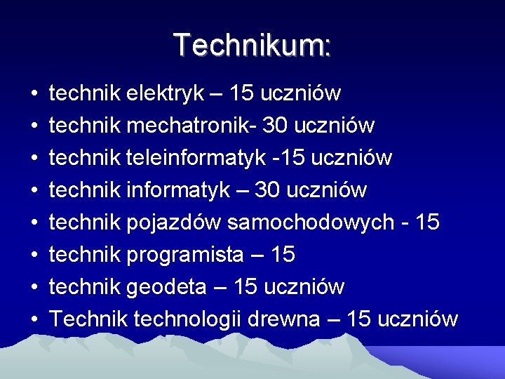 Technikum: • • technik elektryk – 15 uczniów technik mechatronik- 30 uczniów technik teleinformatyk