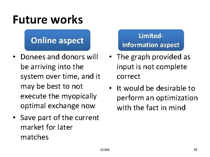 Future works Limitedinformation aspect Online aspect • Donees and donors will be arriving into