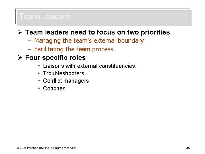 Team Leaders Ø Team leaders need to focus on two priorities – Managing the