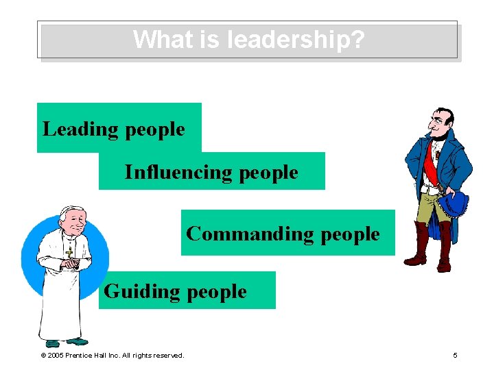 What is leadership? Leading people Influencing people Commanding people Guiding people © 2005 Prentice