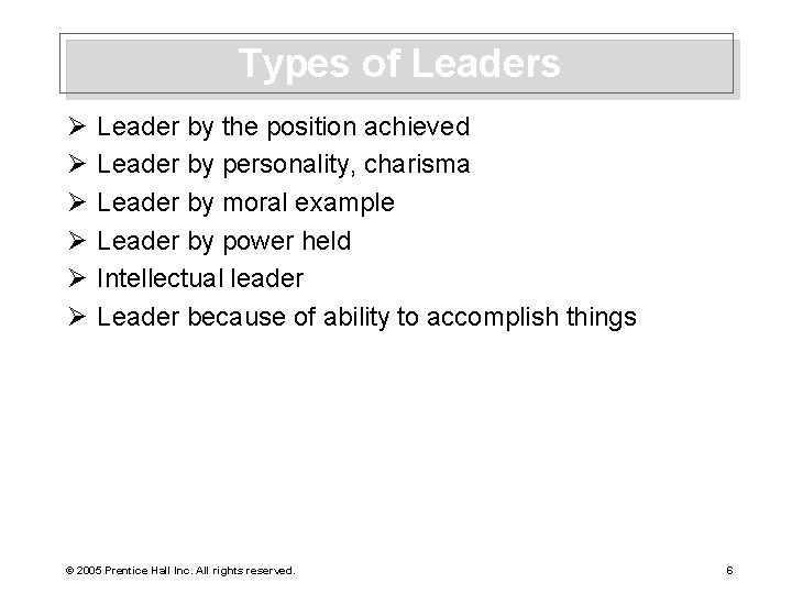 Types of Leaders Ø Ø Ø Leader by the position achieved Leader by personality,