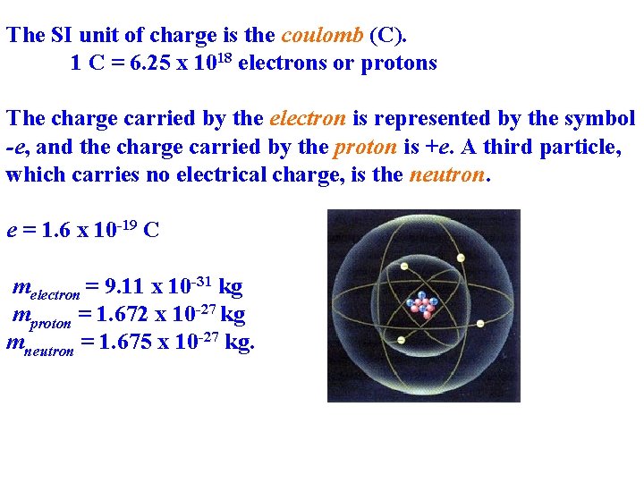 The SI unit of charge is the coulomb (C). 1 C = 6. 25
