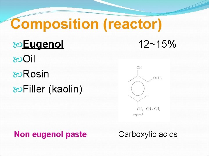 Composition (reactor) Eugenol Oil Rosin Filler (kaolin) Non eugenol paste 12~15% Carboxylic acids 