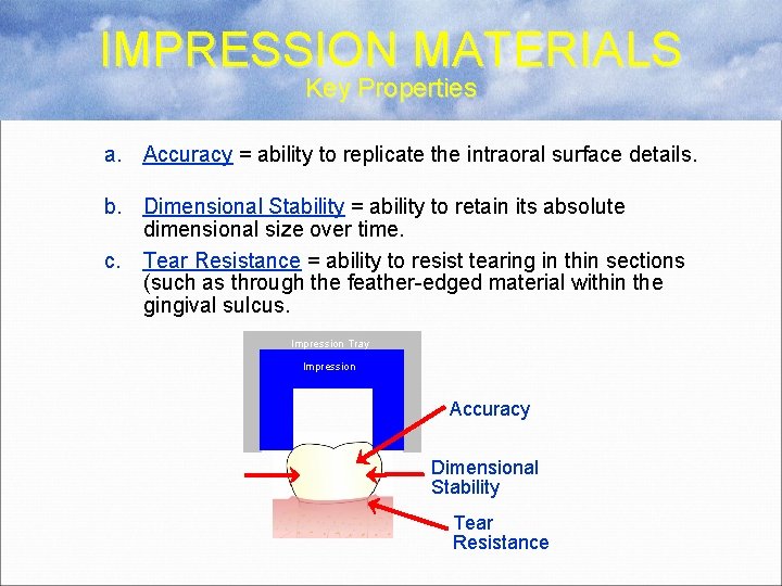 IMPRESSION MATERIALS Key Properties a. Accuracy = ability to replicate the intraoral surface details.