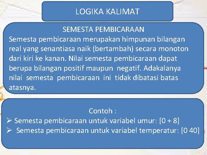 LOGIKA KALIMAT SEMESTA PEMBICARAAN Semesta pembicaraan merupakan himpunan bilangan real yang senantiasa naik (bertambah)