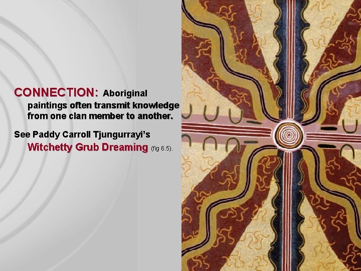 CONNECTION: Aboriginal paintings often transmit knowledge from one clan member to another. See Paddy