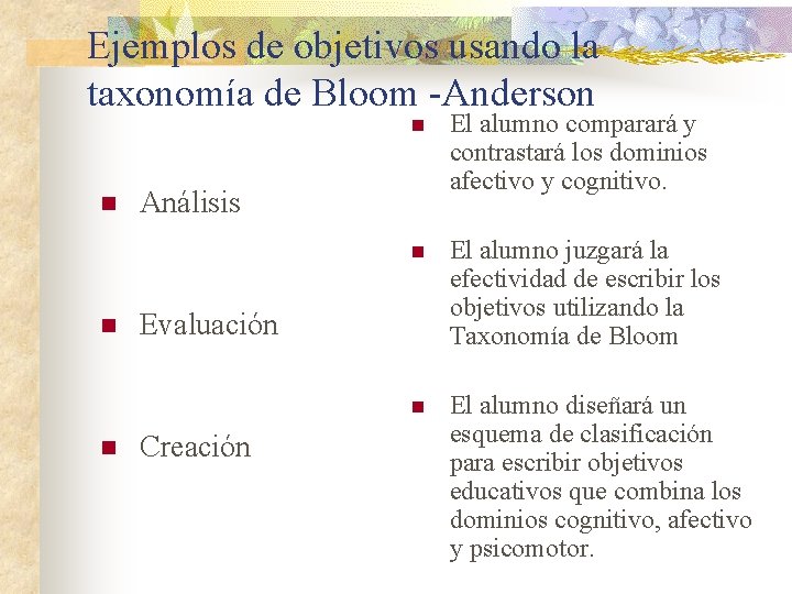Ejemplos de objetivos usando la taxonomía de Bloom -Anderson n n El alumno comparará