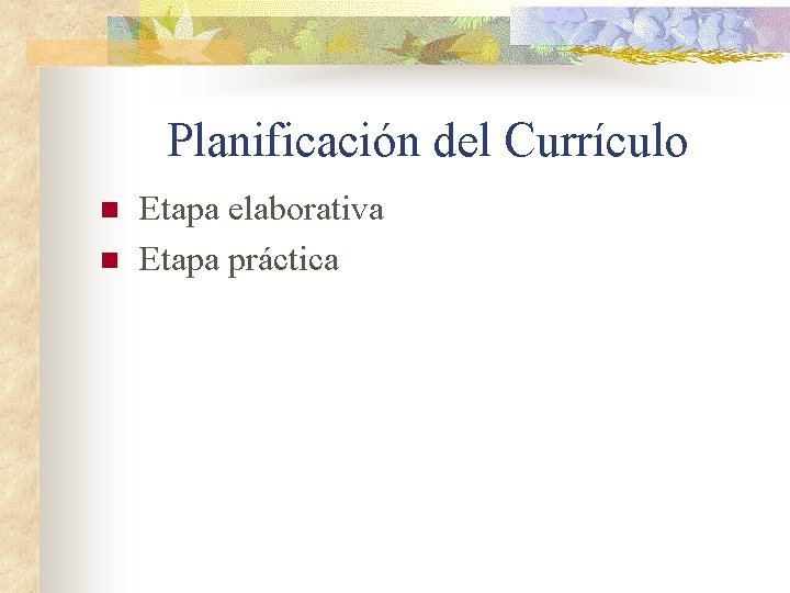 Planificación del Currículo n n Etapa elaborativa Etapa práctica 