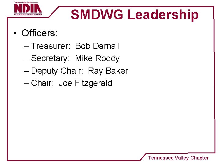 SMDWG Leadership • Officers: – Treasurer: Bob Darnall – Secretary: Mike Roddy – Deputy