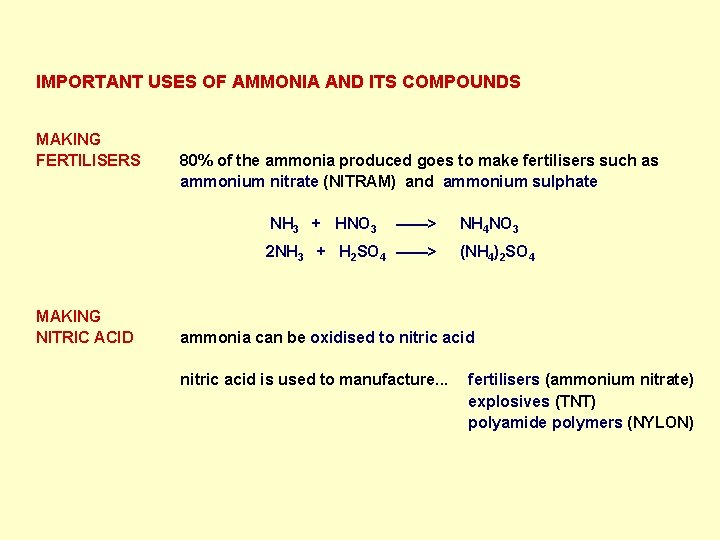 IMPORTANT USES OF AMMONIA AND ITS COMPOUNDS MAKING FERTILISERS 80% of the ammonia produced