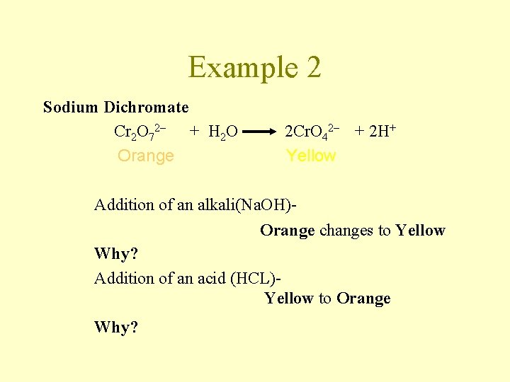 Example 2 Sodium Dichromate Cr 2 O 72– + H 2 O Orange 2