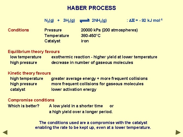 HABER PROCESS N 2(g) + 3 H 2(g) Conditions Pressure Temperature Catalyst 2 NH