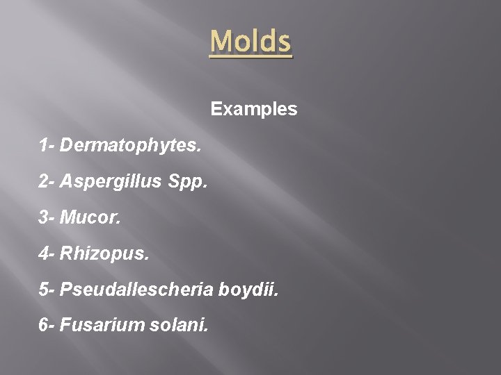 Molds Examples 1 - Dermatophytes. 2 - Aspergillus Spp. 3 - Mucor. 4 -