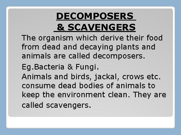 DECOMPOSERS & SCAVENGERS The organism which derive their food from dead and decaying plants